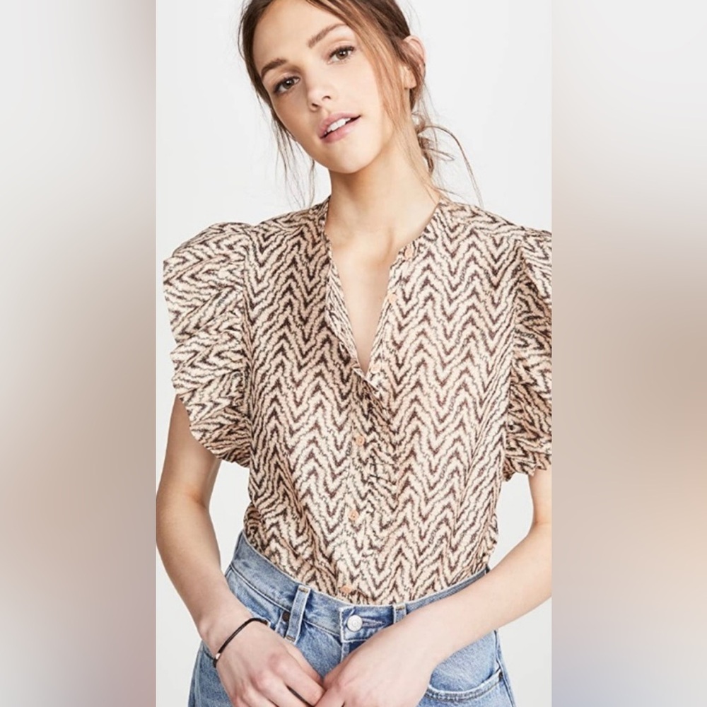 Joie Chevron Silk Blend Ruffle Sleeve Blouse - Cream and Black